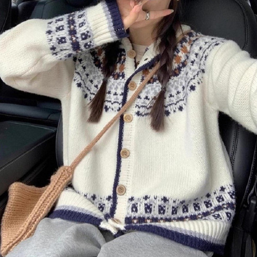 Sweet Style Fair Isle Embroidered Hooded Cardigan Women's 25th Autumn/Winter Retro Soft and Fluffy Knit Sweater Outerwear Top