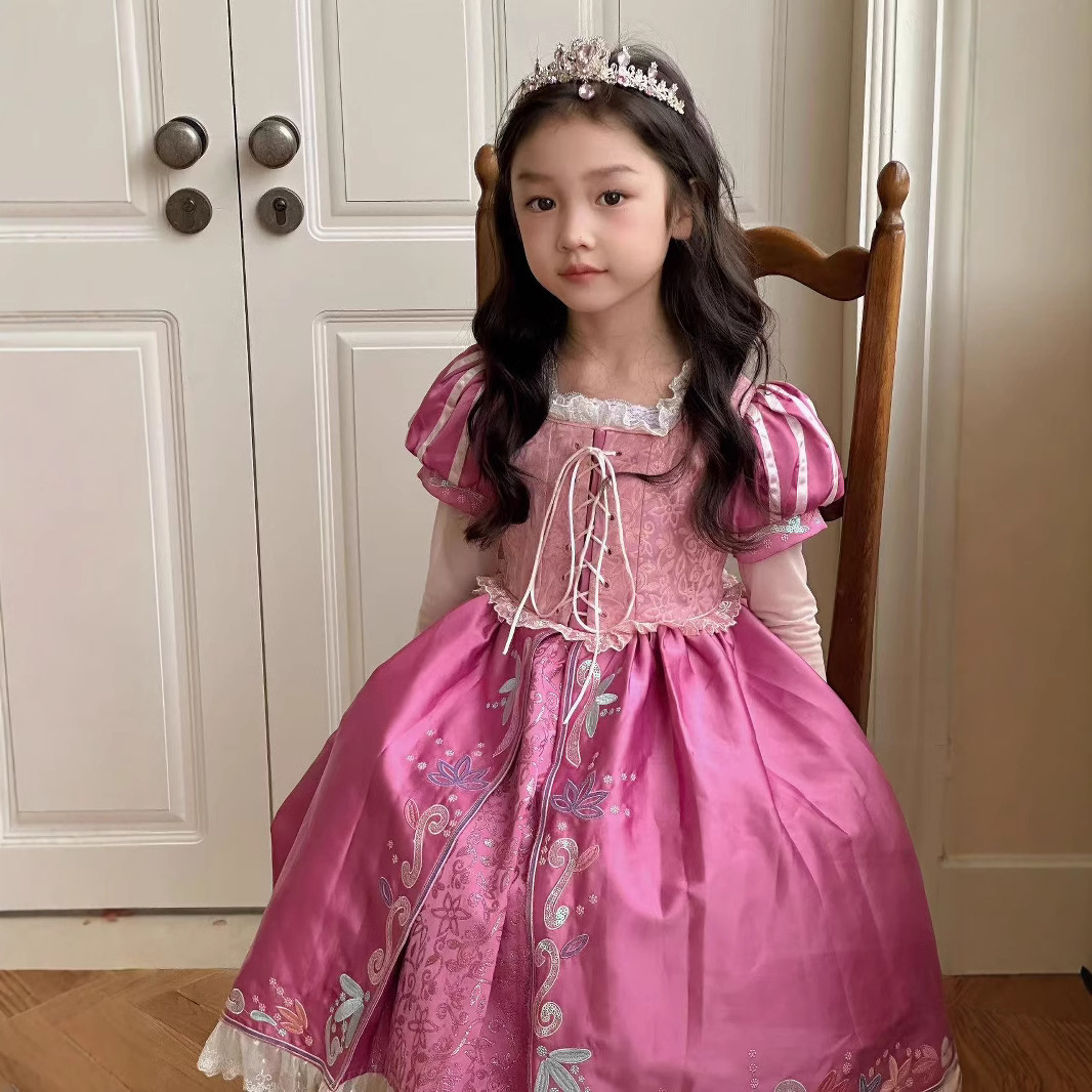 YYBR Girls Long Hair Princess Dress Children Puff Sleeve dress Fairy Tales Princess Lepei Long Dress Birthday Dress
