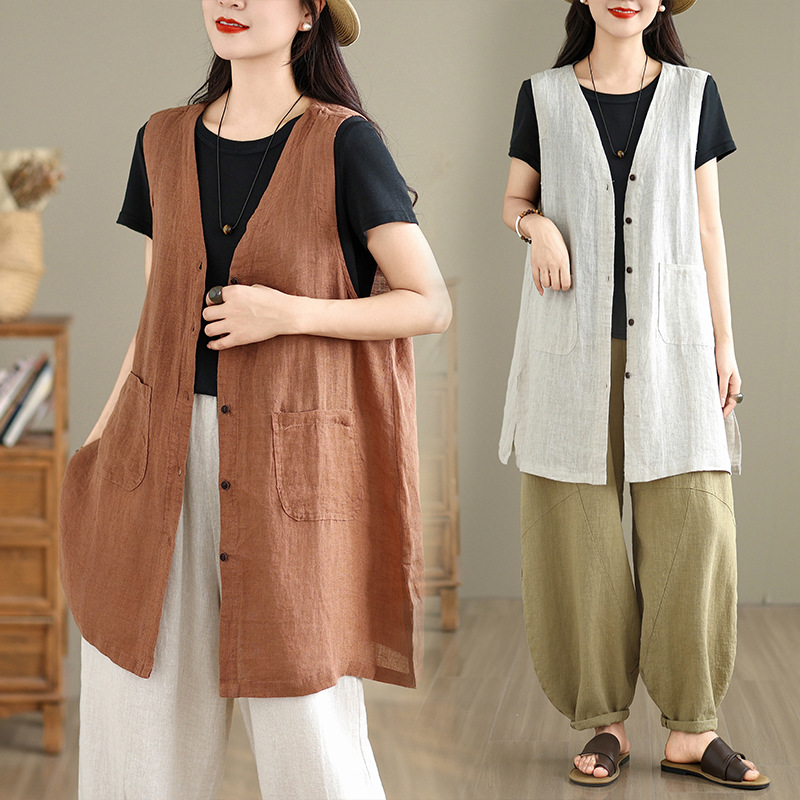 Real Shot of 2026 Summer New Fashion Cotton and Linen Mid-Length Vest for Women with Single-Breasted Buttons, Age-Reducing and Versatile
