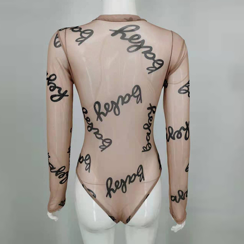 Estilo europeo y americano 2023 verano nuevas mujeres cuello redondo manga larga Camiseta ver-a través de malla sexy mono Delgado