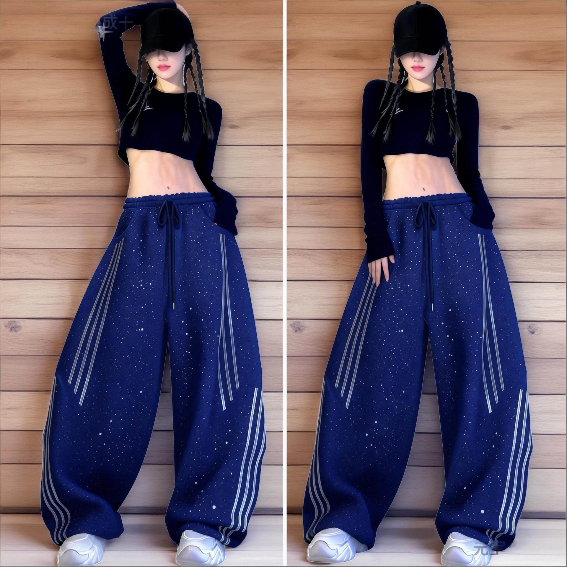 Pantalones de machete 2026 pantalones femeninos de piernas anchas y pantalones largos para bailar pantalones casuales de diamante flash rayas de diamante caliente sensación de baile de jazz image 1