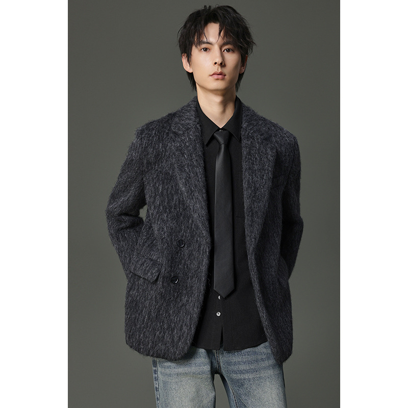 겨울 두꺼운 모직 세트 남성용 워터 리플 하이 레벨 최고 마이크로 느슨한 따뜻한 유지 디자인 남성용 강아지 잘 생긴 자켓 느낌