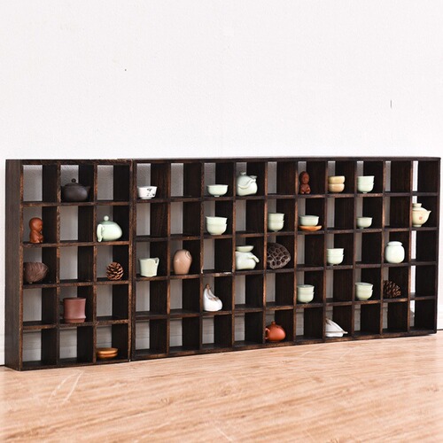Burning Paulownia Wood Antiquity Shelf Solid Paulownia Wall Tea Set Rack Partition Display Shelf Living Room Multi-purpose Shelf Wall-hanging Grid Rack