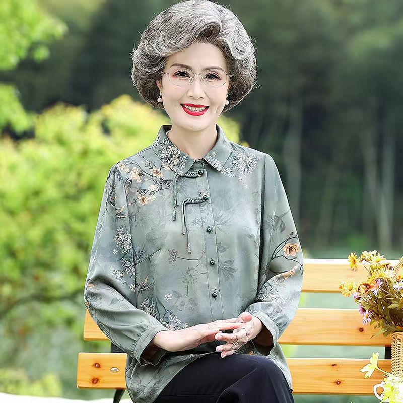 Grandma's Autumn Shirt for 70-Year-Old Middle-Aged and Elderly Women, Mother's Spring Outfit Set, Women's High-End Clothing