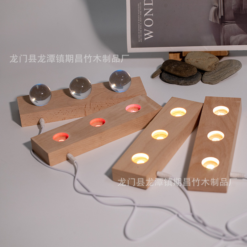 Solid Wood Crystal Ball Beech Wood Rectangular Charging Light-Emitting Base Long Strip 3-Hole Led Display Base Desktop Wooden Ornament
