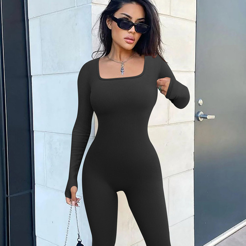 Autumn/Winter Fashion Square Neck One-Piece Yoga Leggings, European and American One-Piece Fitness Suit Abdominal Strengthening and Hip Lifting Women's Exercise Suit