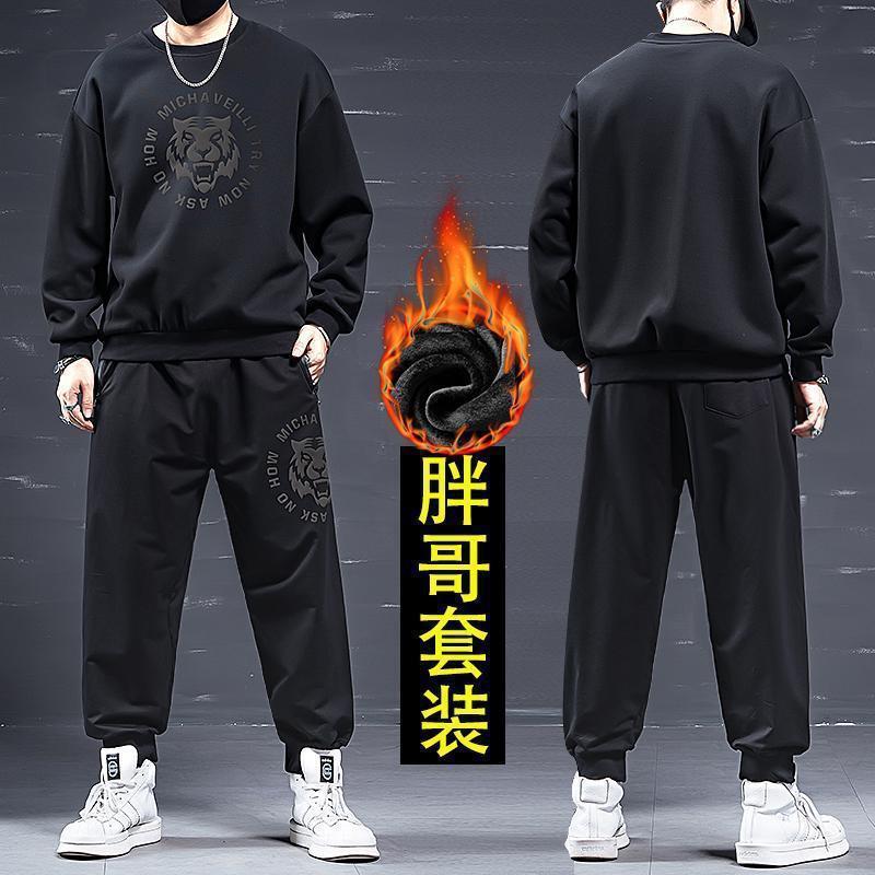 Plus size fleece-lined sports suit men's fat men's loose trendy sweater sweatpants winter thickened warm casual wear