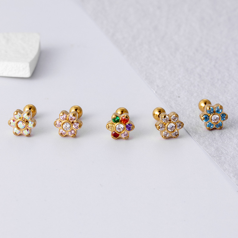 Fashion Flower Stainless Steel Plating Inlay Zircon Ear Studs 1 Piece