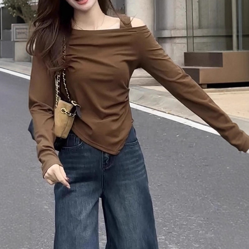 大码条纹斜领露肩长袖T恤女2025秋季新款胖mm修身显瘦不规则上衣|undefined
