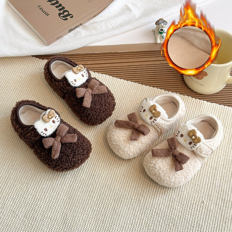女童蝴蝶结毛毛鞋2025新款冬季儿童卡通可爱宝宝软底加绒保暖棉鞋