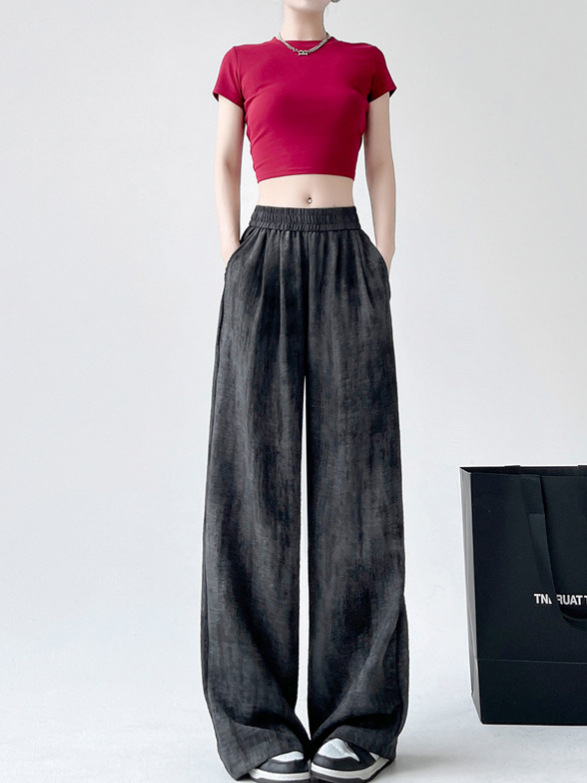 Quần culottes nữ ống rộng phong cách lười biếng, cạp cao suông rủ, kiểu dáng dài chạm đất — Xám đen