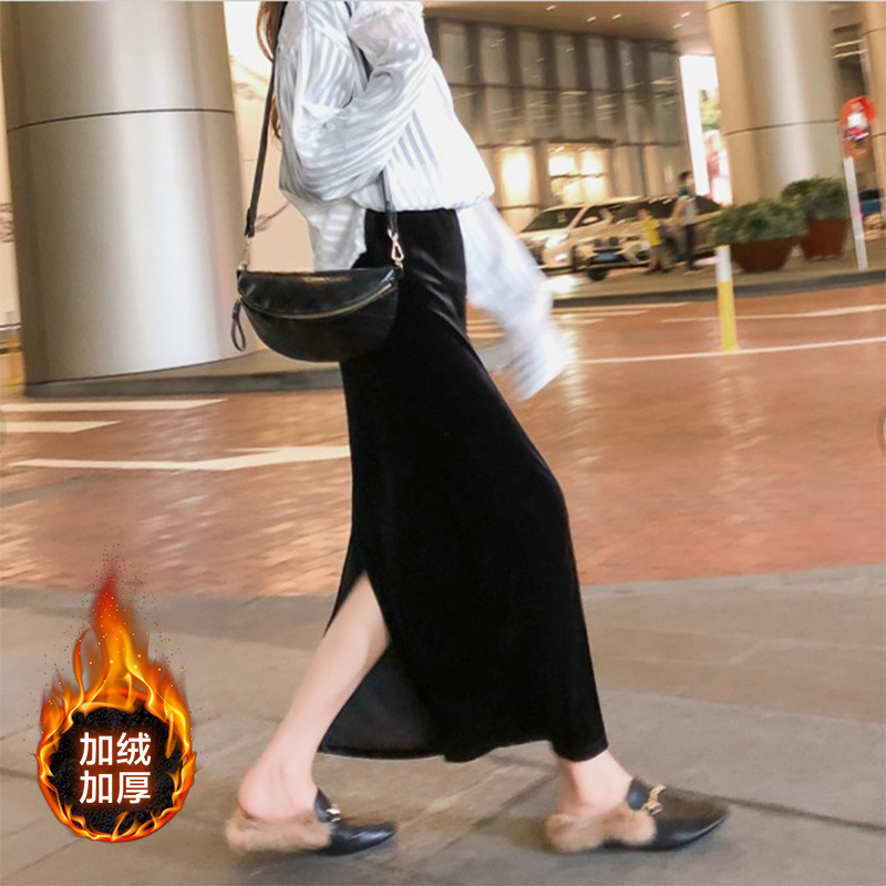 黑色丝绒半身裙女2025秋季新款小个子开叉复古直筒包臀高腰a字裙|undefined