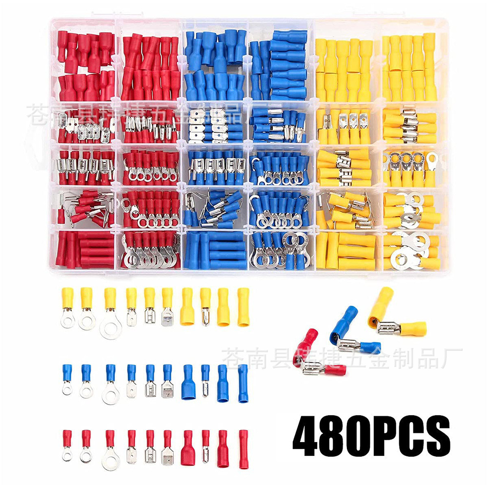 480pcs Cold-pressed Terminal Setulated Crimping Copper Terminal Ring Opening Wiring Combination Set