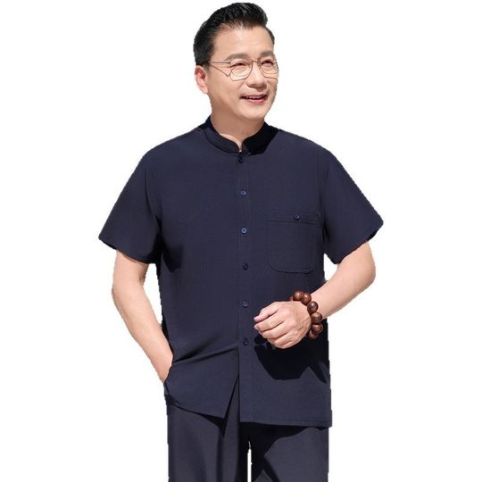 Summer Middle-aged and Elderly Thin Ice Silk Vertical Collar Short-sleeved Shirt suit Men's Dad Top Loose Shirt Grandpa