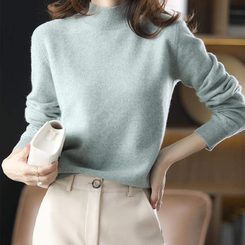 Nuevo medio suéter de cuello alto para mujer Otoño e Invierno suéter corto de color sólido suéter suelto engrosado camisa de fondo entrega de una pieza image 12