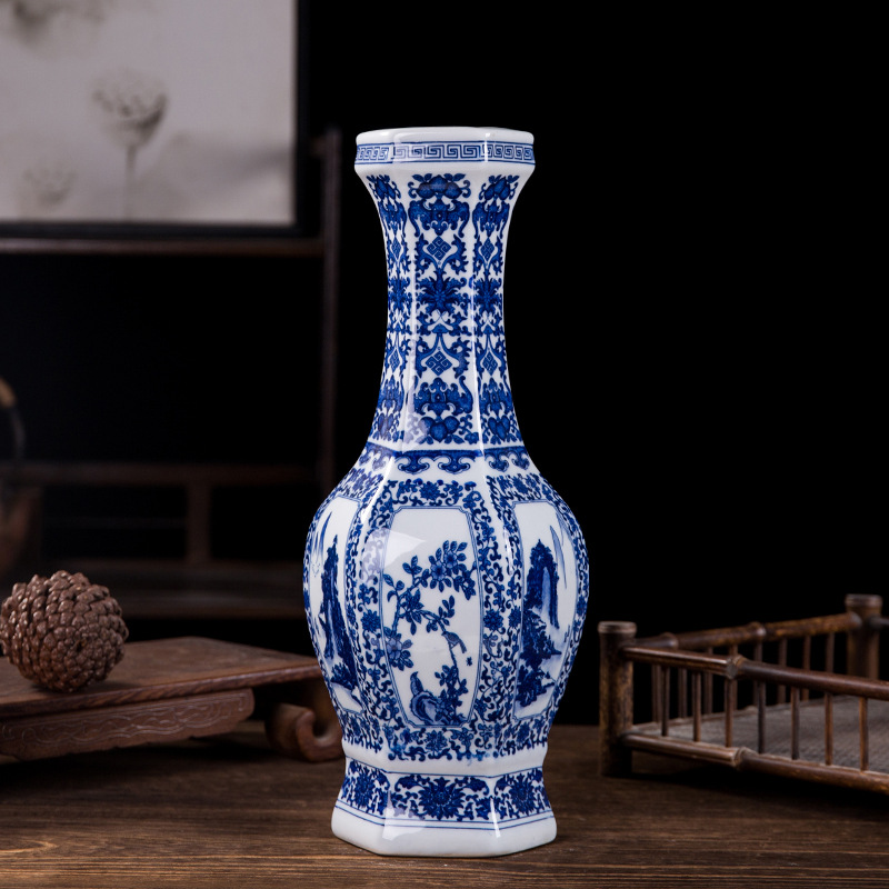 파란색과 흰색 풍경육각병(높이 37cm)