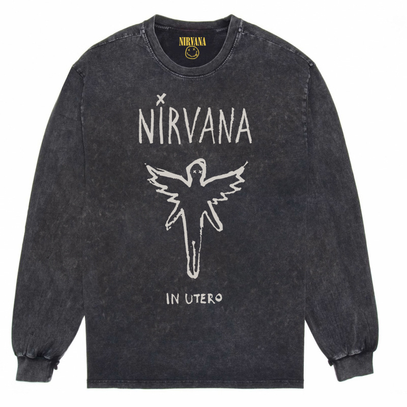 Nirvana Vintage American retro apenado rock punk angustiado lavado batik Camiseta de manga larga
