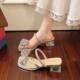 French Rhinestone Slippers for Women, Summer Fashion Outer Wear, Fairy Style Thong, Crystal Mid-Heel, Thick Heel with Skirt Sandals