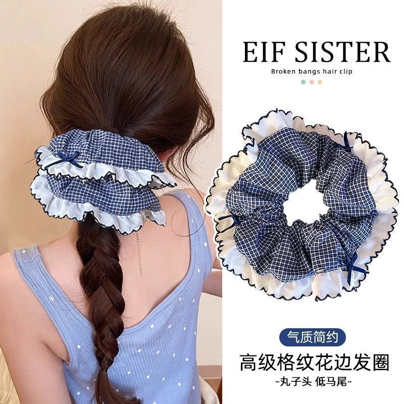 蓝色百搭格纹蝴蝶结大肠发圈女高级感头花发绳丸子头绳扎头发皮筋|undefined