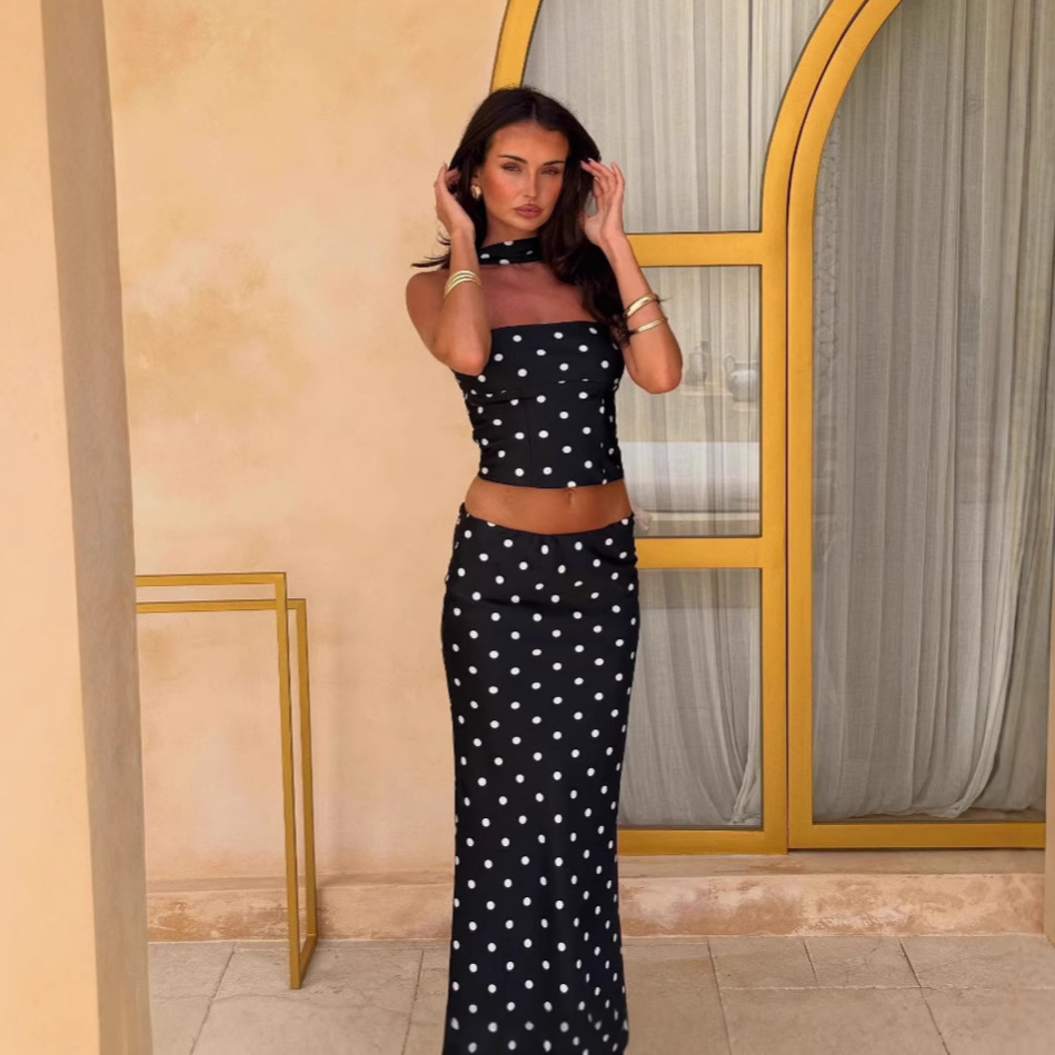 2025 Summer New European American Style Elegant Polka Dot Print Crop And Tank Top Two-Piece Set_ecoleips.com