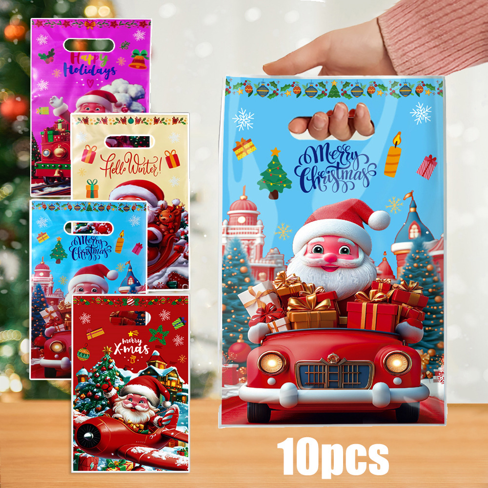 10个装圣诞节手提袋卡通平安夜礼物包装袋 圣诞老人糖果袋手提袋