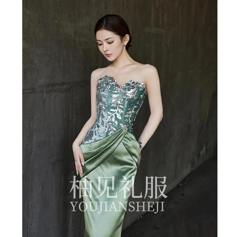 New Chinese-Style Morning Robe for Women 2025 New Fishtail Strapless Bridal Engagement Dress Toast Dress High-End Light Luxury Niche