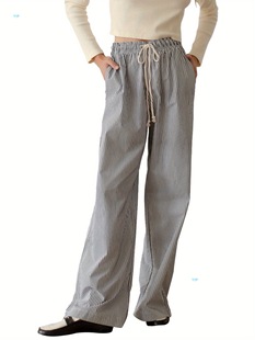 Women's High Waisted Wide Leg Striped Pants with Drawstring