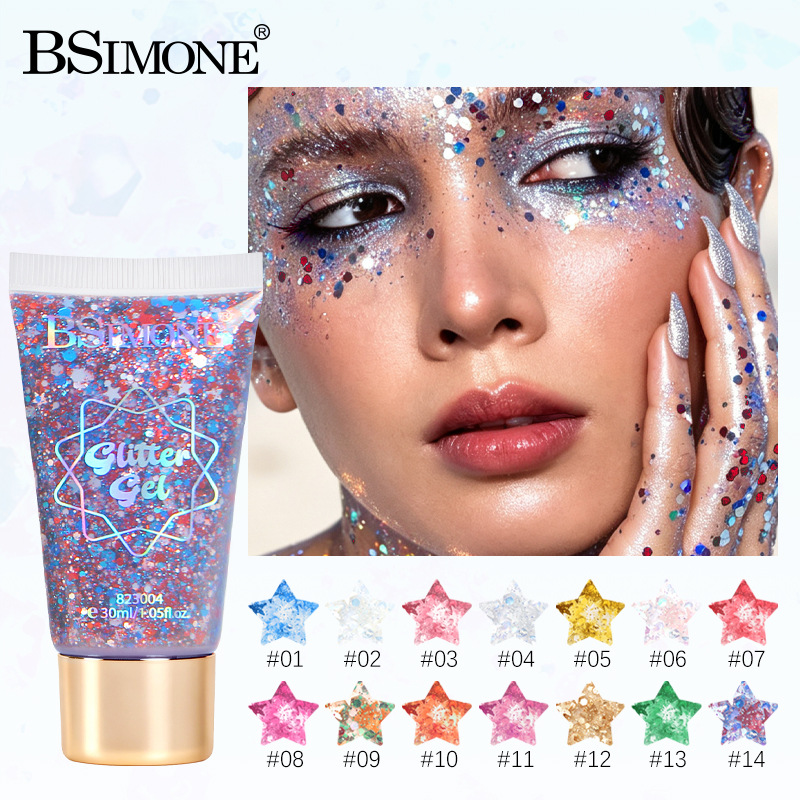 Cross-border 14-color glitter eyeshadow gel, liquid highlighter, dazzling stage makeup, hair and face glitter powder, wholesale