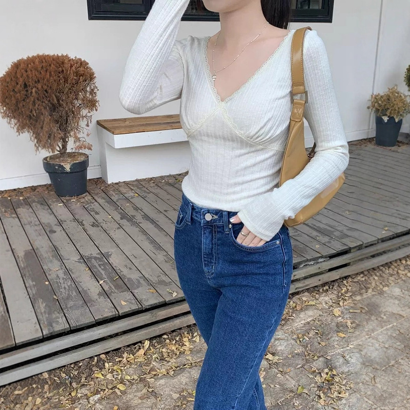 [Official Picture Starry Sky Rib 260g 4*2] Lace Long-Sleeved T-Shirt Autumn and Winter New V-Neck Bottoming Shirt