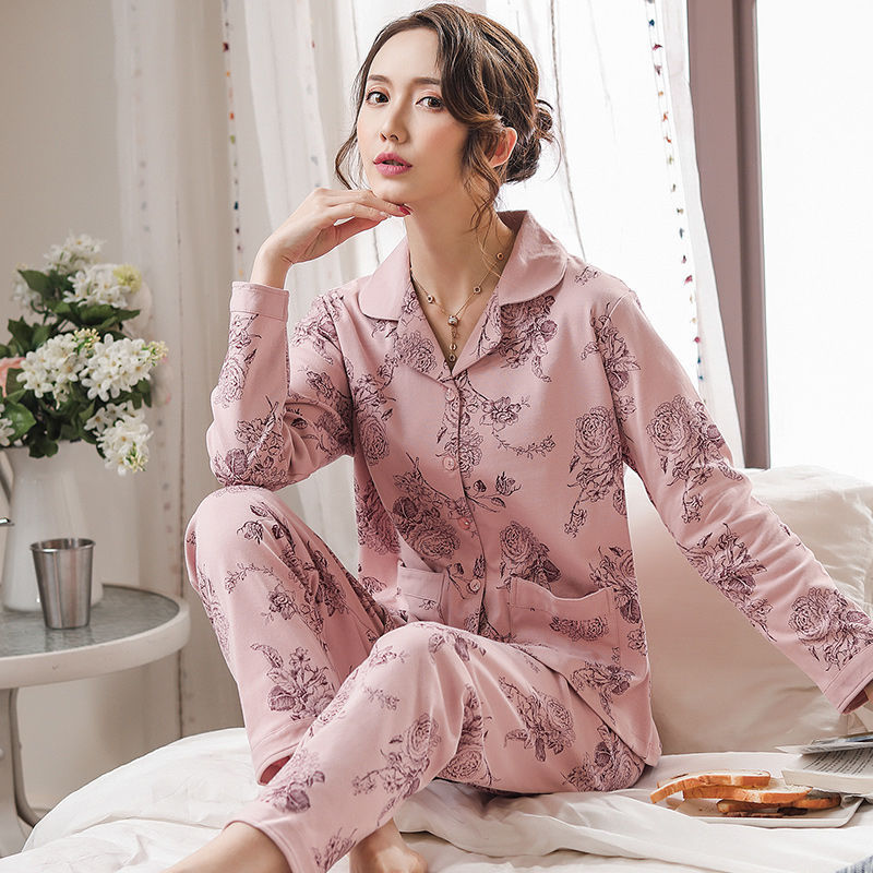 Pijamas de estilo coreano para mujer otoño 100% cardigan de algodón de manga larga para el hogar traje suelto de primavera, Otoño e Invierno para mujer