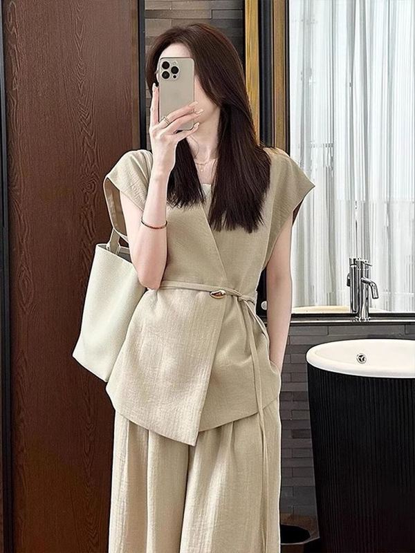 2025年超人気サマードレス、女性向けのスマートでエレガントなハイエンドの小さな香りのカーキベストプロフェッショナルスーツパンツの完全なセット|undefined