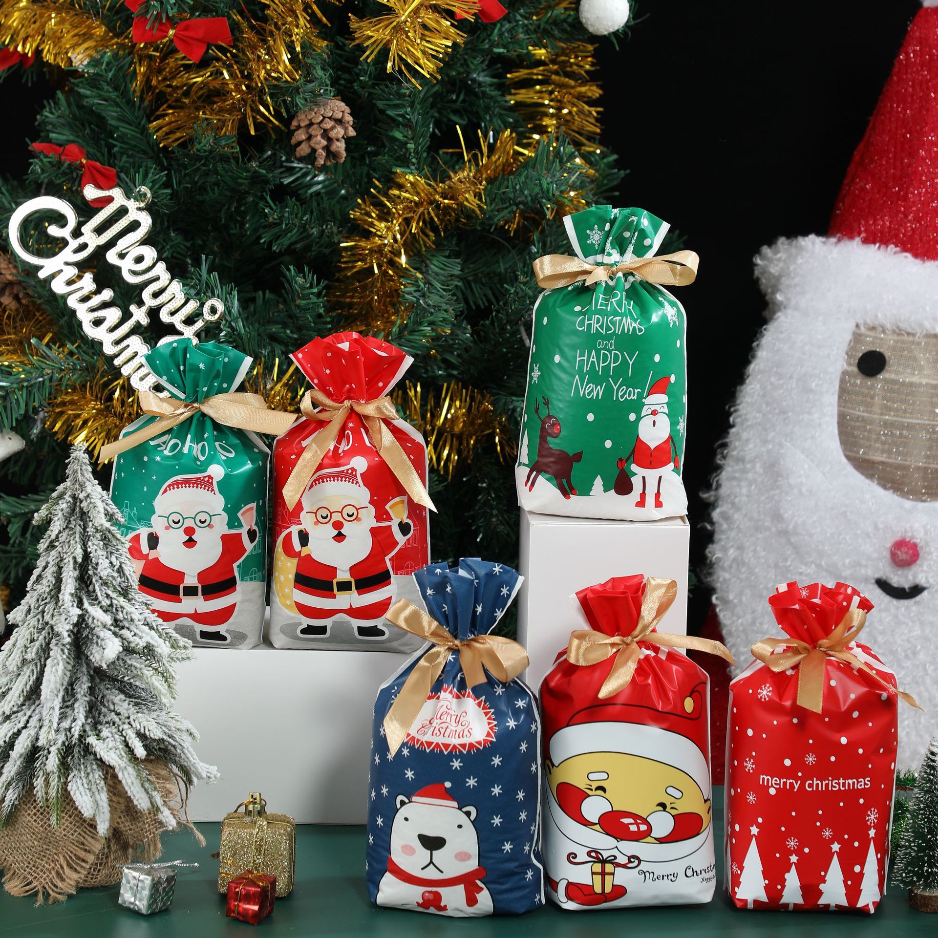 Bolsa de embalaje de Navidad transfronteriza Amazon bolsa de dulces para hornear copo de nieve bolsa de cordón de alimentos crujientes bolsa de cordón de fruta segura