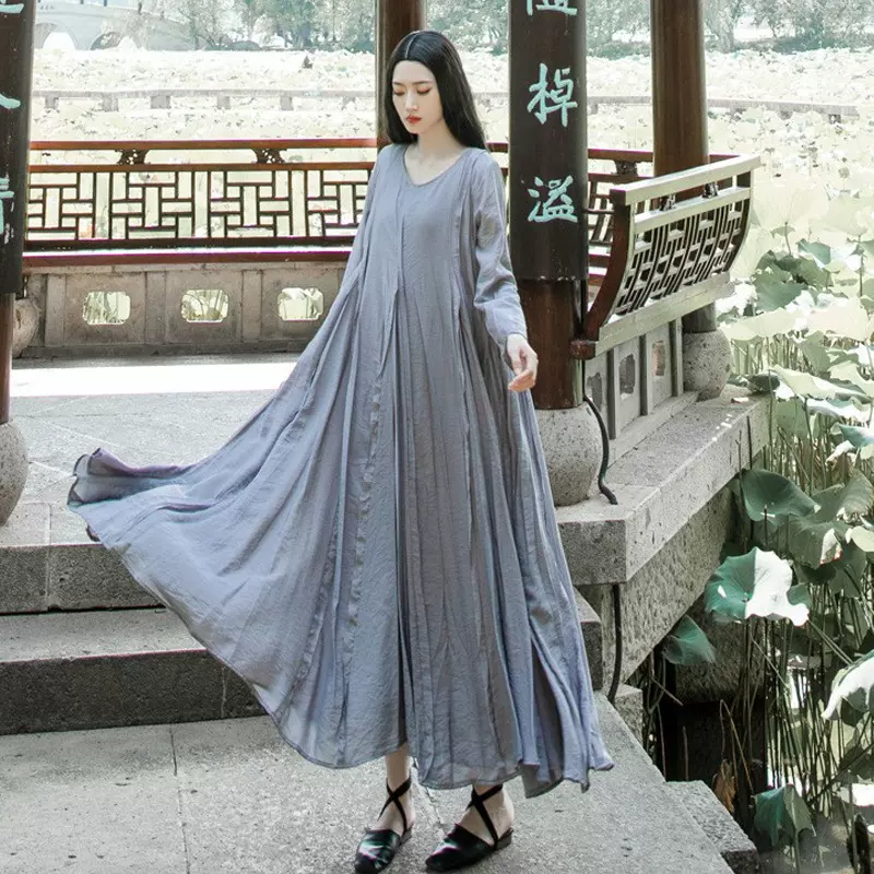 清冷感天丝双层竹节 撕边拼接大摆连衣裙 5色