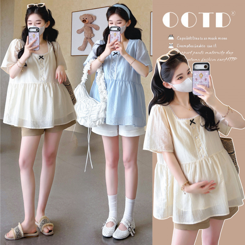 Maternity Summer Outfit Fashion New Style Petite Sweet Bow Youthful Doll Shirt Top + Belly Support Shorts