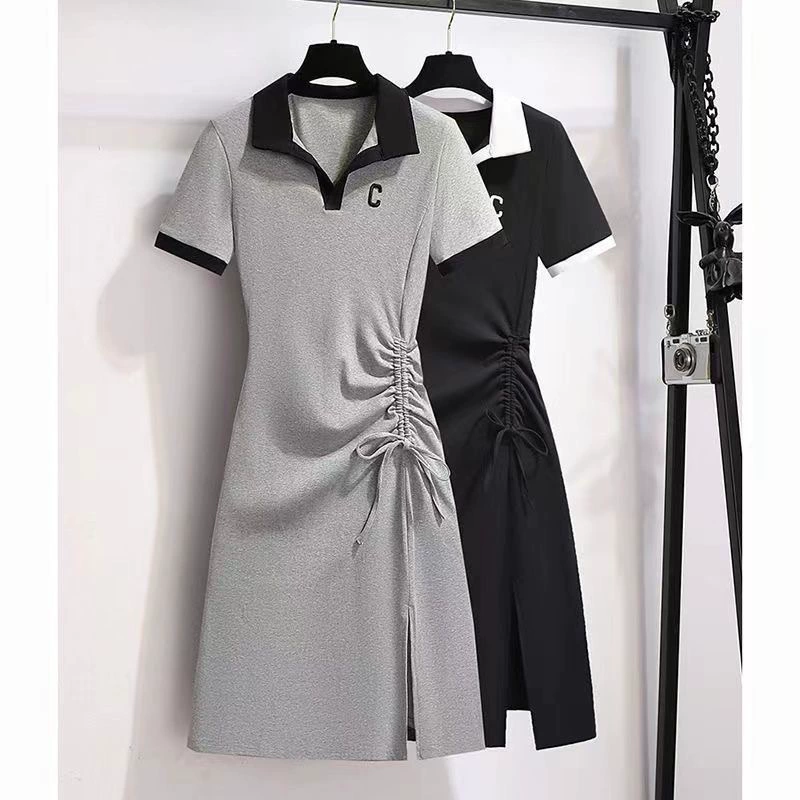 Черное платье-поло для женщин, лето 2025, новое платье-футболка с завязками для похудения, сексуальное, закрывающее бедра, с разрезом средней длины, юбка-футболка