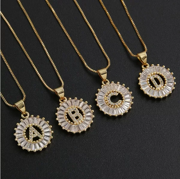 Xiyin Tk Round Letter Pendant Copper Inlaid with Zircon Small 26 English Letters Round Letter Pendant Necklace