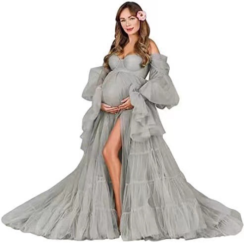 Nuevo cross-border caliente de tela de malla suave para fotos de mujeres embarazadas, vestido de mangas largas, falda de abdomen grande
