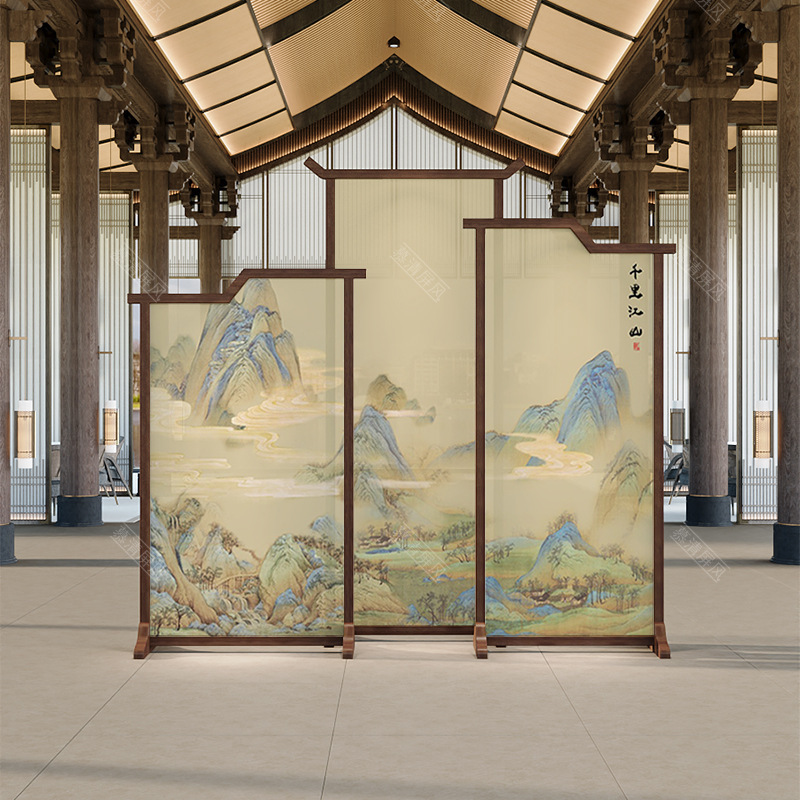 New Chinese-Style Solid Wood Screen with a Panoramic View of the Country, Movable Screen for Home Use, Company Lobby Decoration, Office Partition