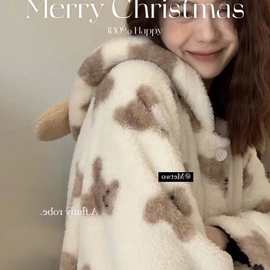 METWO毛茸茸甜美睡袍秋冬高克重加厚保暖可爱小熊睡衣女韩版显瘦