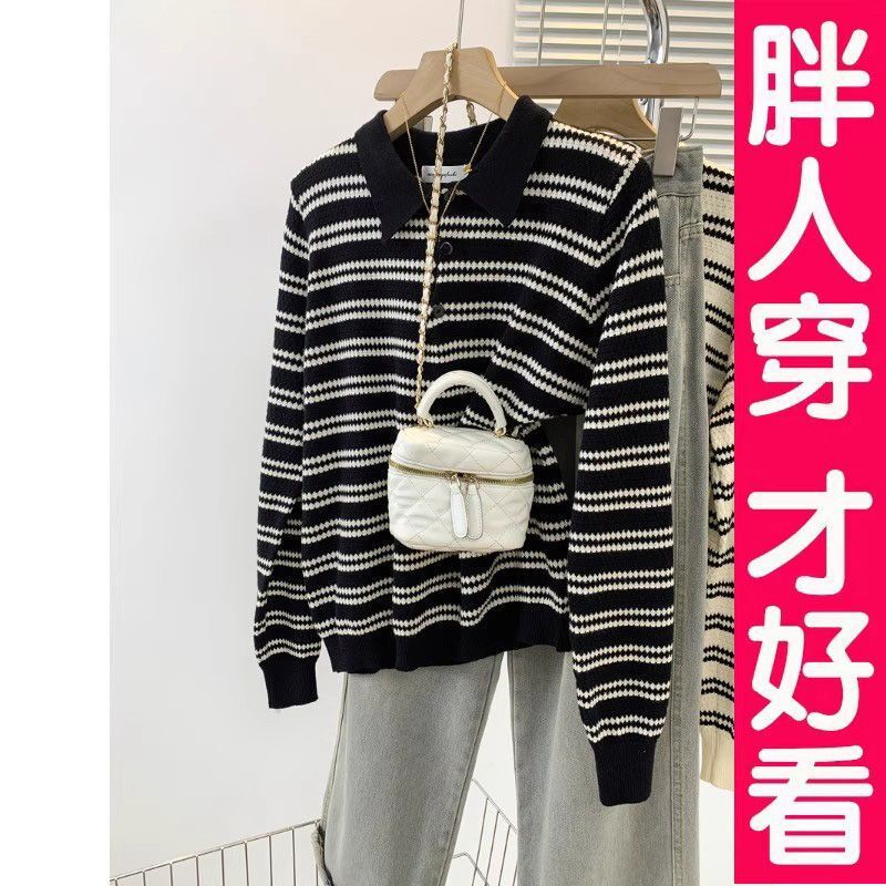 Plus-Size Women's Korean-Style Spring and Autumn Striped Turn-Down Collar Long-Sleeve Knit Sweater, New Stylish Slim-Fit Top Plus-Size Women's Korean-Style Spring and Autumn Striped Turn-Down Collar Long-Sleeve Knit Sweater, New Stylish Slim-Fit Top