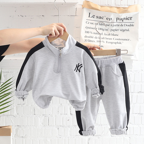 Men's casual clothing dropshipping: Spring/Fall new kids' patchwork long-sleeve hoodie set—2-piece outfit for little boys