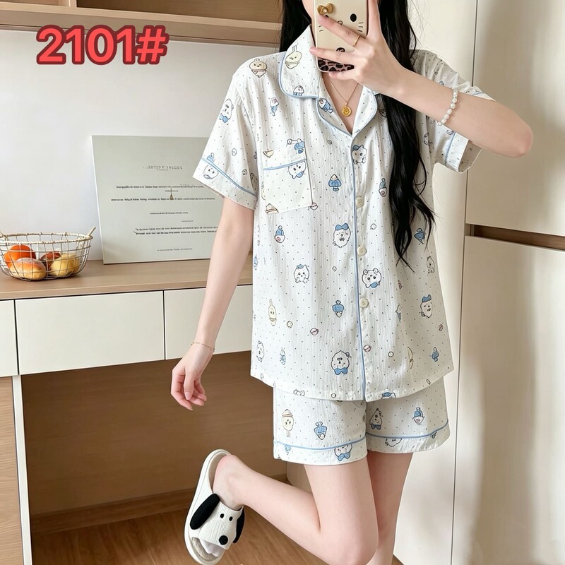 Cross-Border Foreign Trade Summer Cloud Cotton Pajamas for Women, Short-Sleeved Shorts, Cloud Cotton Lapel Loose-Fitting Home Wear Women's Set