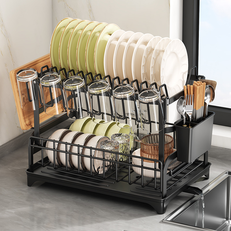 Rejilla para escurrir, rejilla para cocina, encimera para el hogar, vajilla multifuncional de doble capa, palillos, tabla de cortar, portavasos, estante de almacenamiento