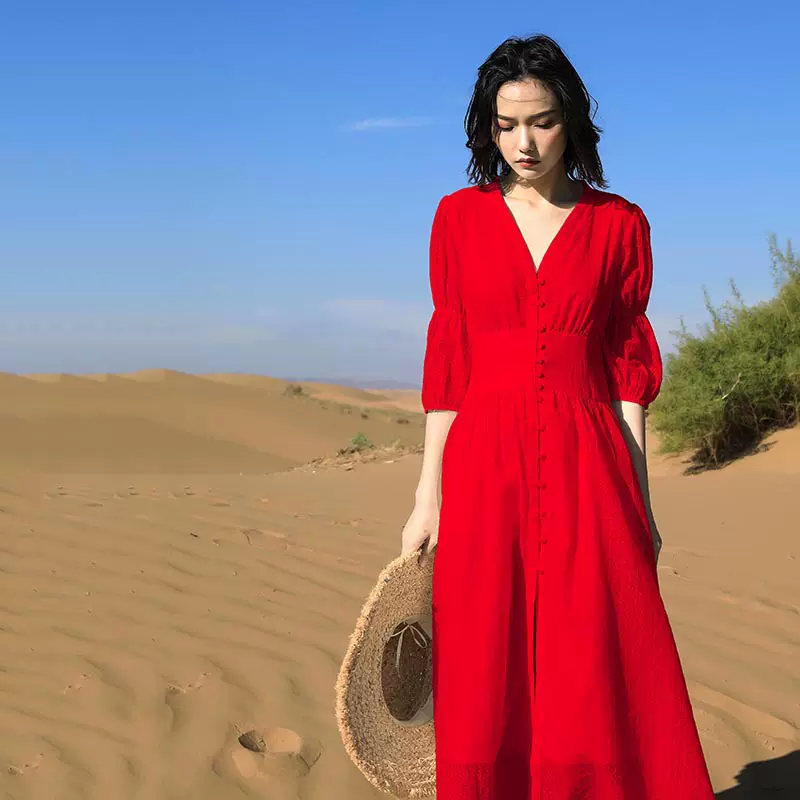 2023红色仙女复古法式V领长裙旅行穿搭女收腰显瘦气质连衣裙F514