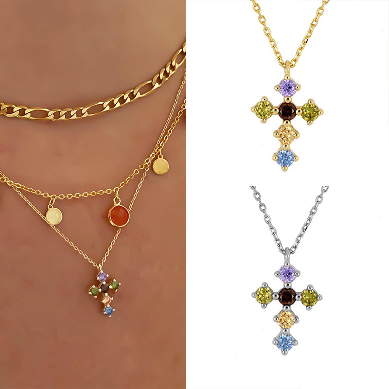 s925 sterling silver fashion cross pendant micro-inlaid colorful zircon necklace