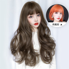 Wig for women, long straight full head cover style curly wave hairstyle air bangs synthetic human hair wig set