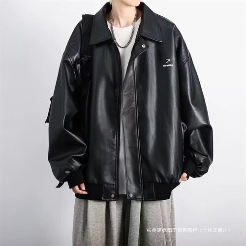 Mens High-end Cool Gangster Style American Trend Loose Plus Size Winter Fleece Youth Leather Jacket Black Leather Coat Outerwear