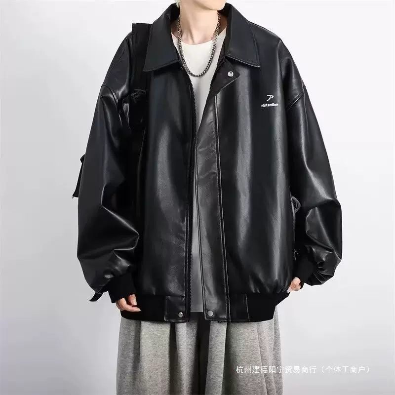 男高级感痞帅美式潮流宽松大码秋冬加绒青少年皮夹克黑色皮衣外套