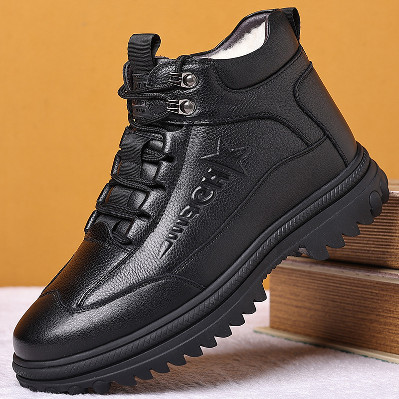 男鞋冬季高帮加厚加绒棉鞋男绒毛休闲棉皮鞋男软底爸爸鞋一件代发