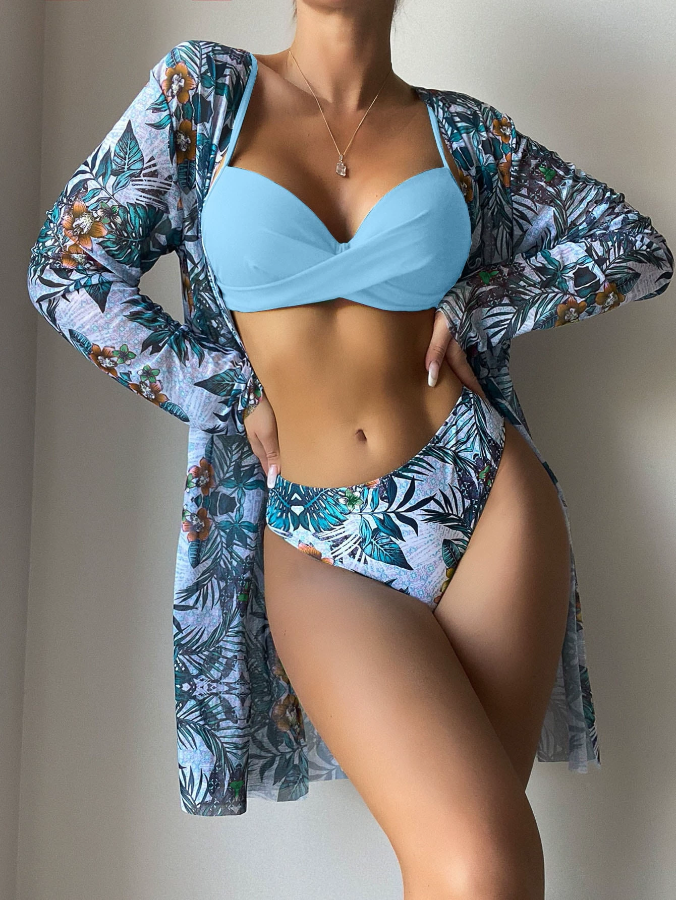 Women's Swimwear 3-Piece Set, European Style, 3-PC Bikini + Cover-Up, Multiple Colors
